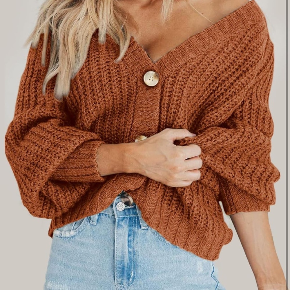 Oversized V-Neck Button Cardigan Sweater - Rust Orange - Picture 5 of 6